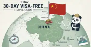 China visa-free travel guide with map and panda mascot.