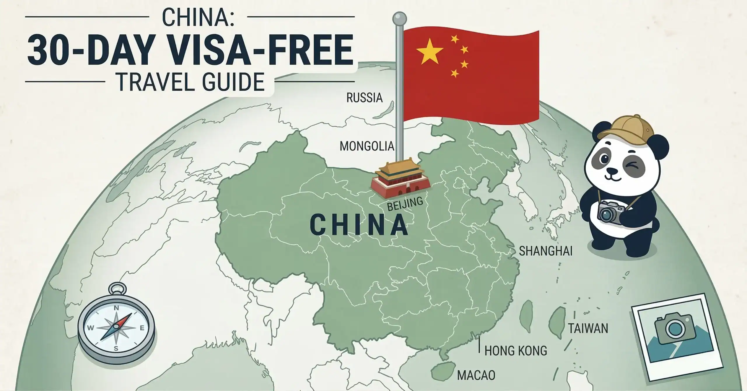 China visa-free travel guide with map and panda mascot.