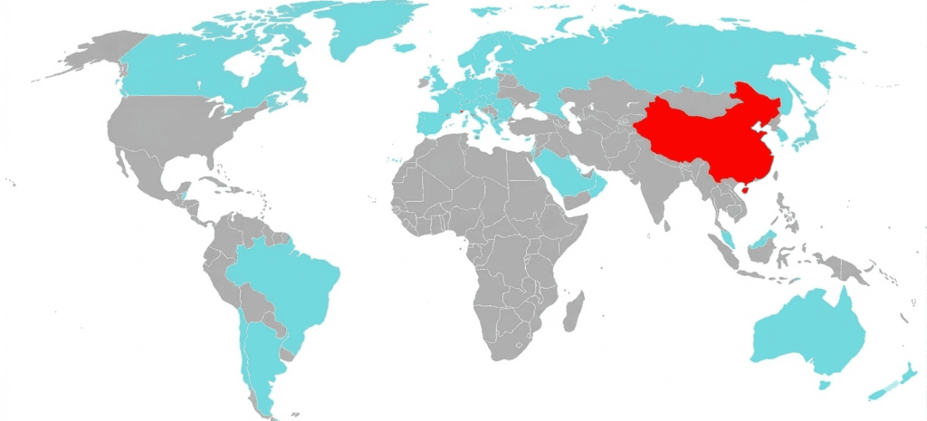 Map showing China’s location worldwide with other countries in gray.