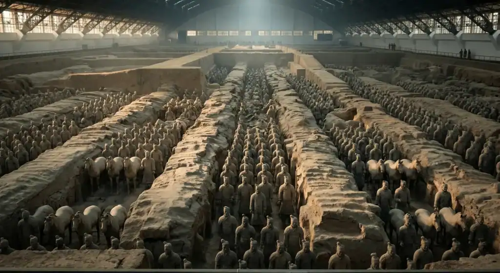 Terracotta Army soldiers in underground pits in China.