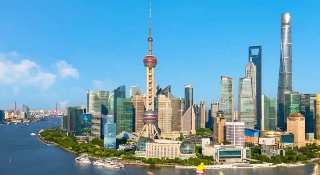 Shanghai skyline with modern skyscrapers and the Huangpu River in China.