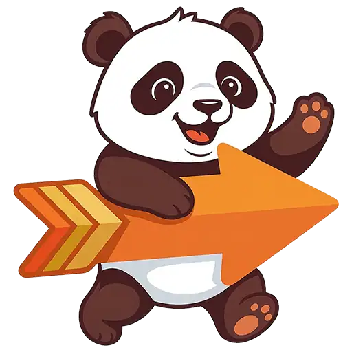 Cute panda holding an orange arrow sign, symbolizing direction and guidance.