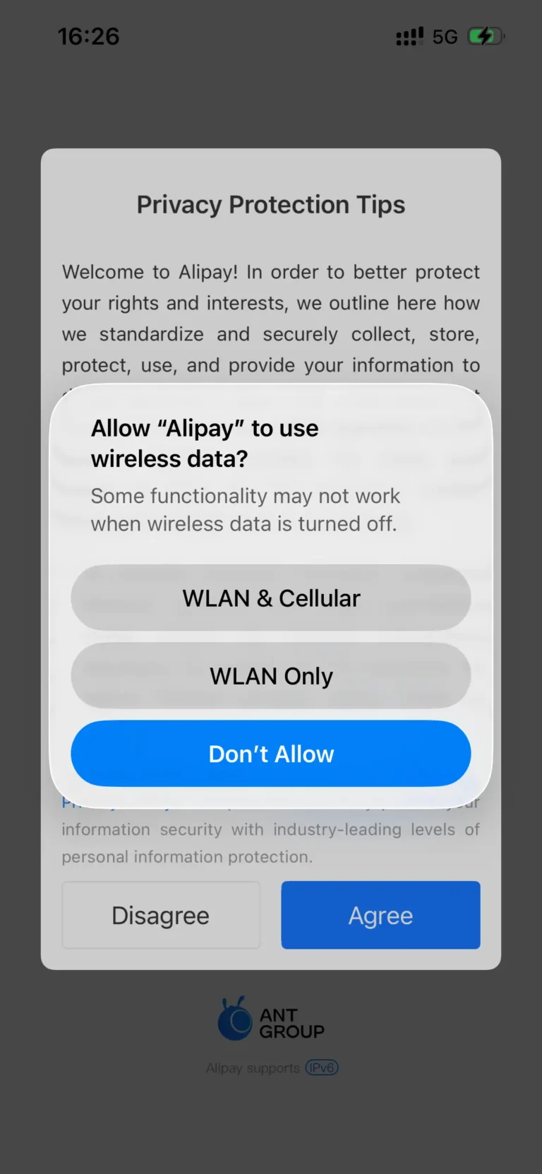 allow alipay to use wireless data